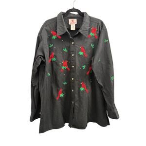 Quacker Factory Long Sleeve Twill Holiday Christmas Button Up Shirt Black‎ 1X
